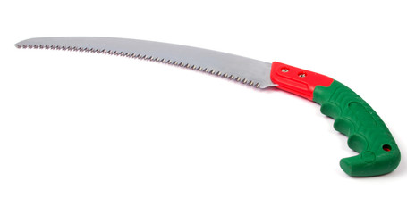 Hand saw with a green handle isolated on a white background