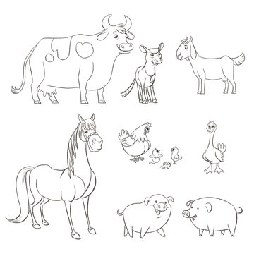 Farm animals cartoon character line drawing set