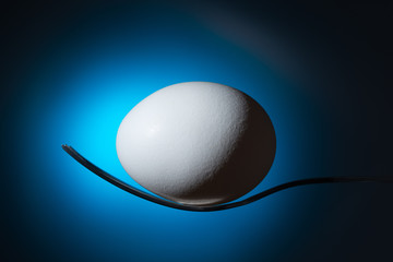 egg on a fork on a blue background
