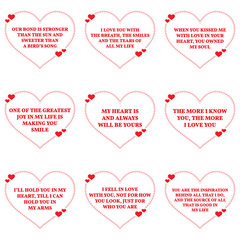 Set of love wishes quotes over white background. Simple heart sh