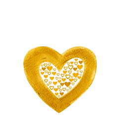 Heart Golden background. For Valentines day gold color watercolor hand paint isolated on white background. Detail 
or closeup brush stroke pattern. 