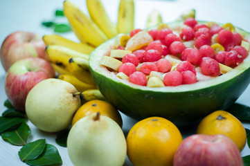 salad variety of fruit is good for health, red watermelon, apples, oranges and pears