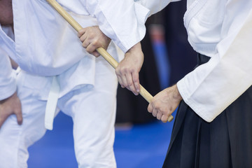 People practice Aikido with wooden jo on martial arts training seminar