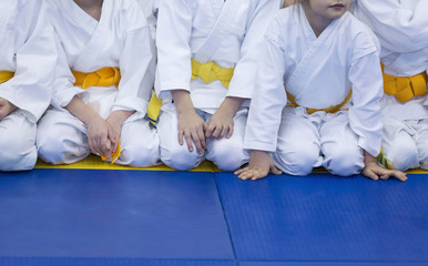 Children in kimono sitting on tatami on martial arts training seminar
