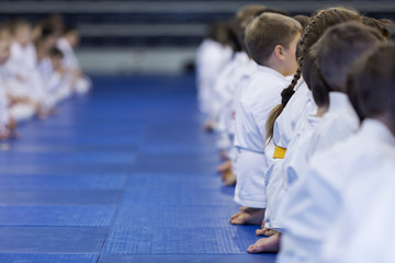Group of children in kimono sitting in a long line on martial arts training seminar