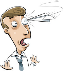 A cartoon businessman getting poked in the eye by a flying paper airplane.