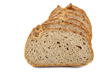 Loaf of sliced bread on white background.