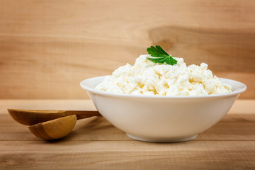 Fresh cottage cheese in a white bowl with spoon