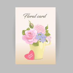 Vintage vertical romantic greeting card flowers in cup. delicate bouquet of roses, buds, leaves on grunge background. For birthdays, weddings, invitations, Valentines day, floral vector illustration