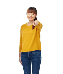 Fototapeta premium happy asian young woman pointing finger on you