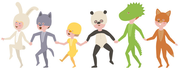 Children in masks and costumes holding hands