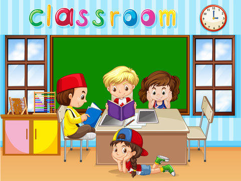 Four kids studying in classroom