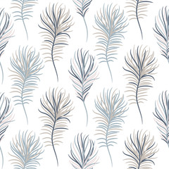 Bird pastel blue seamless vector pattern. Exotic feathers tileable print for textile or wrap paper.