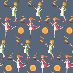 Girls tosses pancakes on a frying pan. Happy Pancake Day! Seamless background pattern