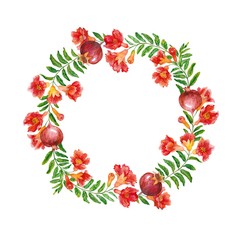 Round pattern branches pomegranate. Watercolor.