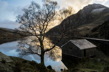 lake, sunset, tree, boathouse, mountain view