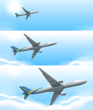 Three scenes of airplane flying in sky