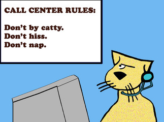 Color business illustration showing a customer service rep cat looking at the call center rules.