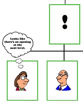 Color business cartoon showing an organization chart and a businesswoman seeing there is an opportunity for her to get promoted.
