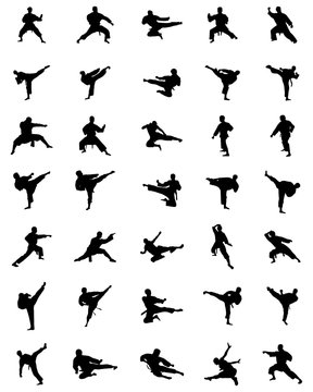 Black karate silhouettes on the white background, vector