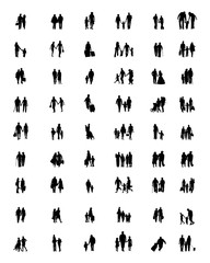 Black silhouettes of families at walking, vector