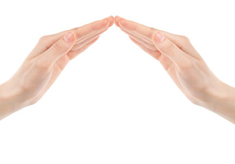 Collaborative human hands grouped in gesture of protection on white background