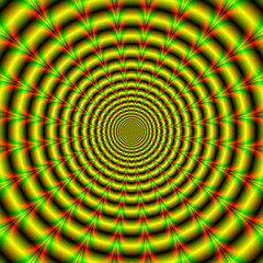 Hypnotic Rings in Yellow Green and Red / An abstract fractal image with an hypnotic optically challenging circular design red, green and yellow.