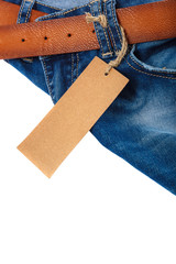 Jeans with a brown belt on white background
