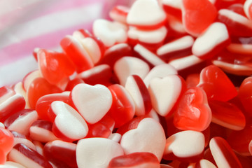 Red white Heart shape Jelly Candy bonbon snack group. sweet for valentines day background.