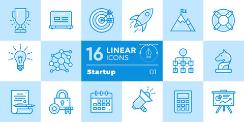 Vector collection of line icons for startup business in blue tone style. Modern outline icons for mobile application and web concepts.