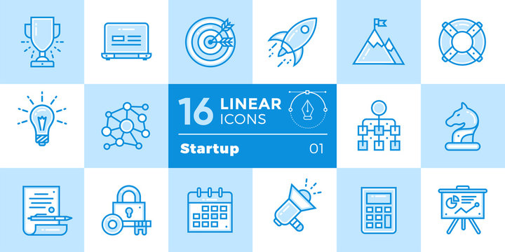 Vector Collection Of Line Icons For Startup Business In Blue Tone Style. Modern Outline Icons For Mobile Application And Web Concepts.