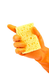 Hand in rubber glove with sponge on white.