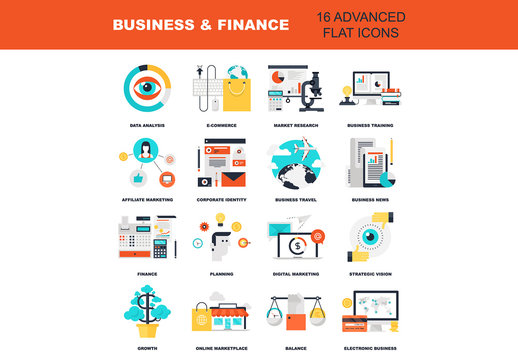 16 Flat Colorful Business and Travel Icons