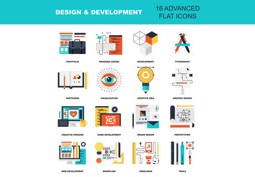 16 Flat Colorful Design Development Icons