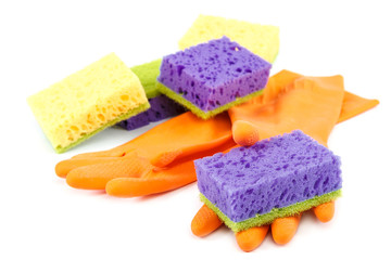 Rubber gloves with sponges on white background.