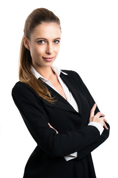 attraktive blonde Geschäftsfrau vor weißem Hintergrund