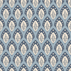 Abstract fish scale pattern in oriental style. Blue seamleass vector ornament.