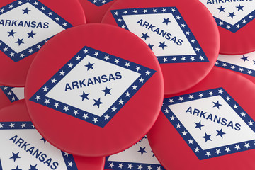 US State Buttons: Pile of Arkansas Flag Badges, 3d illustration