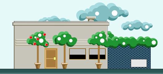 A house with front trees and clouds in the sky. Vector flat
