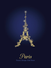 Vector Golden Glowing Eiffel Tower in Paris Silhouette At Night. Paris. French Landmark On Dark Blue Background.