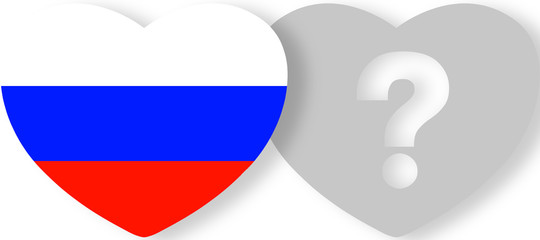 Two hearts on a white background, one with the Russian flag and