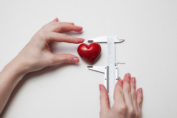 hands measuring heart with calipers