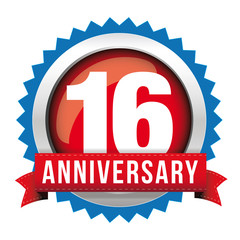 Sixteen years anniversary badge with red ribbon