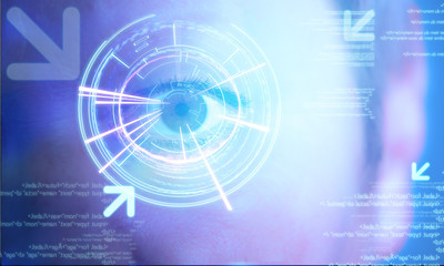 Obraz premium Futuristic technology user interface with an user eye on the bac