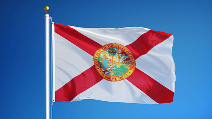 Florida (U.S. state) flag waving against clear blue sky, close up, isolated with clipping path mask alpha channel transparency, perfect for film, news, composition