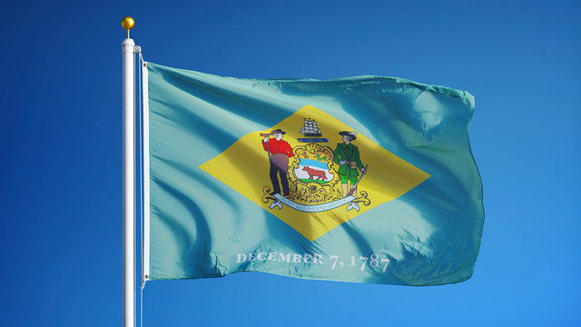 Delaware (U.S. state) flag waving against clear blue sky, close up, isolated with clipping path mask alpha channel transparency, perfect for film, news, composition