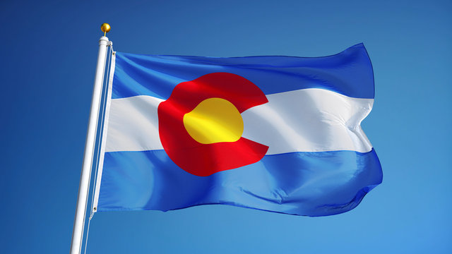 Colorado (U.S. state) flag waving against clear blue sky, close up, isolated with clipping path mask alpha channel transparency, perfect for film, news, composition