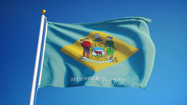 Delaware (U.S. state) flag waving against clear blue sky, close up, isolated with clipping path mask alpha channel transparency, perfect for film, news, composition