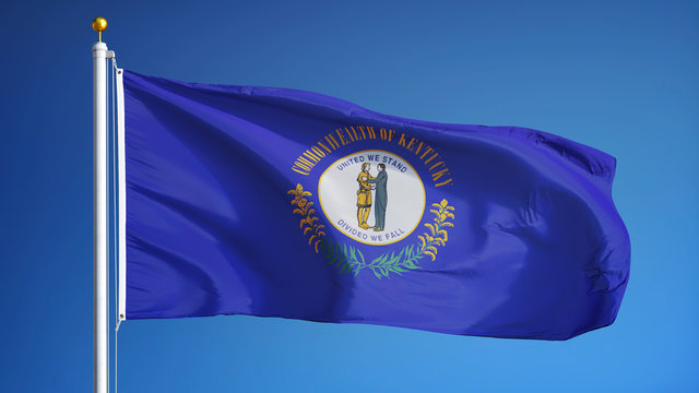 Kentucky (U.S. state) flag waving against clear blue sky, close up, isolated with clipping path mask alpha channel transparency, perfect for film, news, composition