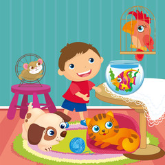 Boy With Pets In Room